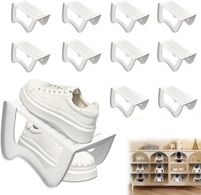 10x Antislip Schoenregalen Schoenuitsparingen Organisator Voor Kast Schoenhouder Stapelbaar Schoenorganisator Dubbellaagse Schoenen Opslag Kist 25x14,5x14cm Schoenstapler Wit