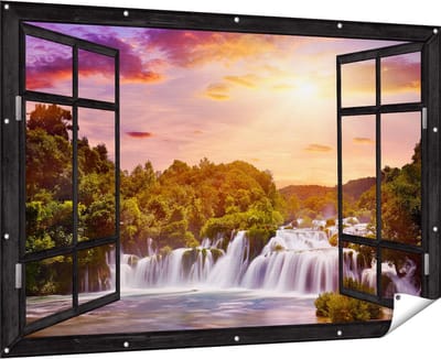 Gards Tuinposter Doorkijk Watervallen in het Bos - 180x120 cm - Tuindoek - Tuindecoratie - Wanddecoratie buiten - Tuinschilderij