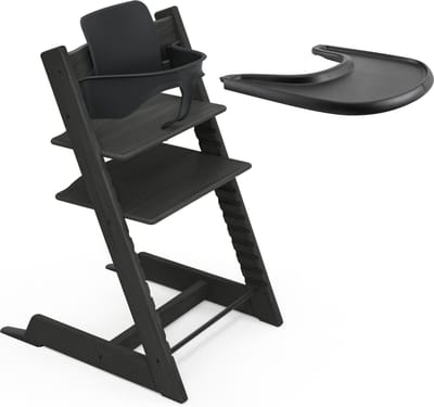 Stokke Tripp Trapp Eiken kinderstoel (zwart), Stokke-dienblad (zwart) - Incl. Tripp Trapp-stoel, babyset 2 voor kinderen van 6-36 maanden - Verstelbaar, ergonomisch en gemakkelijk schoon te maken