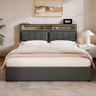 VVBV Gestoffeerd Opbergbed met Opbergruimte 140x200 cm - USB & Stopcontact, Lattenbodem, Hoofdbord - Linnen - Zonder Matras