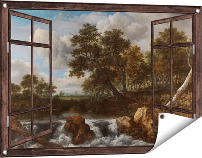 Gards Tuinposter Doorkijk Landschap met Waterval - Jacob van Ruisdael - 90x60 cm - Tuindoek - Tuindecoratie - Wanddecoratie buiten - Tuinschilderij