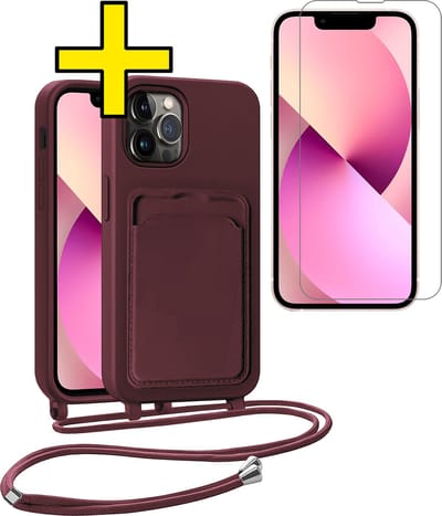 Hoesje Geschikt voor iPhone 13 Pro Max Telefoonhoesje Met Koord Case Pashouder Met 2x Screenprotector Siliconen - Hoes Geschikt voor iPhone 13 Pro Max Hoesje Met Kaarthouder - Aubergine