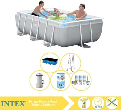 Intex Prism Frame Zwembad - Opzetzwembad - 300x175x80 cm - Inclusief Solarzeil, Onderhoudspakket en Filter