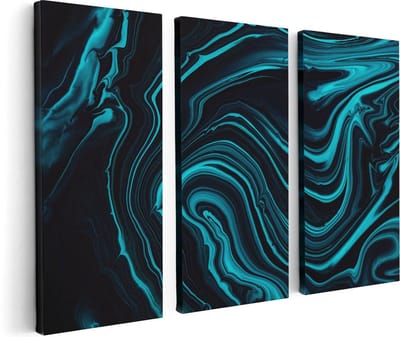Artaza Canvas Schilderij Drieluik Abstracte Kunst - Aqua Blauw met Zwart - 120x80 - Foto Op Canvas - Canvas Print