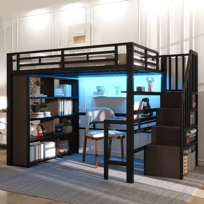 MODFU Luxe Hoogslaper met Bureau & Opbergtrap – 140x200 cm – Twijfelaar Videbed – App LED – Industrieel Zwart – Max. 250 kg – Complete Woon-werkoplossing voor Student of Tiener