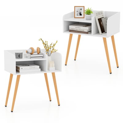 COSTWAY Nachtkastje, set van 2, bijzettafel met open vak, salontafel met metalen steunpoten, nachtkastje, nachtkastje voor slaapkamer en woonkamer, 50 x 32 x 58 cm (wit + natuur)