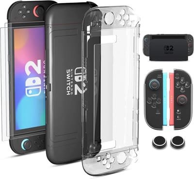 Dockable Beschermhoes voor Nintendo Switch 2, Schok- en Krastbestendig Transparant TPU, Inclusief 2 Schermprotectors en 2 Thumbstick Covers, Perfecte Bescherming en Gebruiksgemak