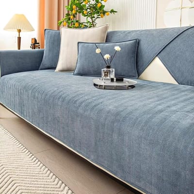 Antislip Bankdeken Bankovertrek Zacht Chenille Visgraatpatroon Hoekbank & Losse Zitvlakken 90x210 cm Blauwgrijs