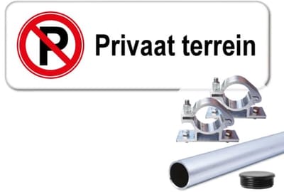 Privaat terrein bord - Weerbestendig Aluminium - 40x15 cm - Bevestiging: Met paal 120 cm + paalbeugels + paaldop