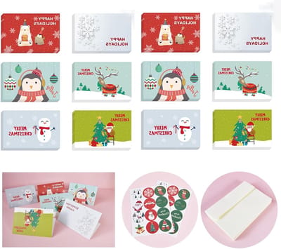 Set van 12 Kerstkaarten, Uitnodigingen voor Feestdagen, Cadeaukaarten met Enveloppen en Stickers, Leuke Kerstgroeten en Lege Vouwkaarten voor de Feestdagen