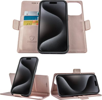 Geschikt voor iPhone 15 Pro Book Case Hoesje - Uitneembaar Hoesje - Magnetische Sluiting - Portemonnee Rose
