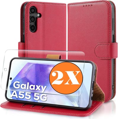 Hoesje geschikt voor Samsung Galaxy A55 5G hoesje Rood pasjeshouder telefoon hoes - Met screenprotector tempered glass voor Galaxy A55 5G - 2x