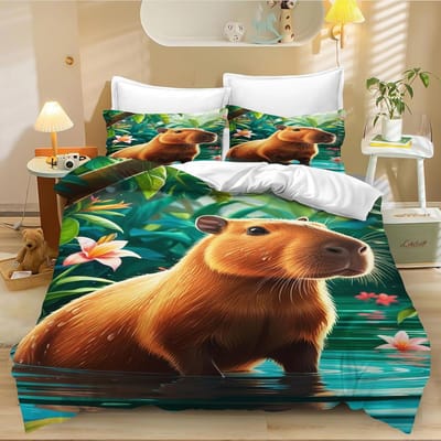 Schattig Capibara Dekbedovertrek Eenpersoons, Kawaii Dier Grappig Wilde Dieren Knaagdier Groen Bruin Slaapkamer Decor Quilt Overtrek Set voor Kinderen 135x200cm