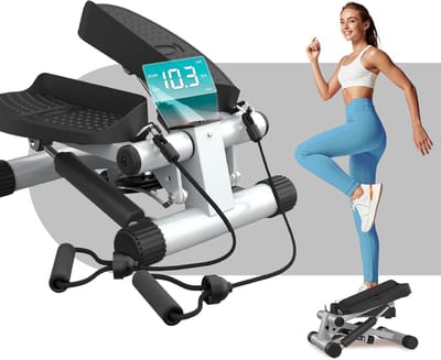 Mini Stepper - Thuis Fitness - Full Body Training - Met Weerstandsbanden - 41 x 31 x 34 cm - Zilvergrijs