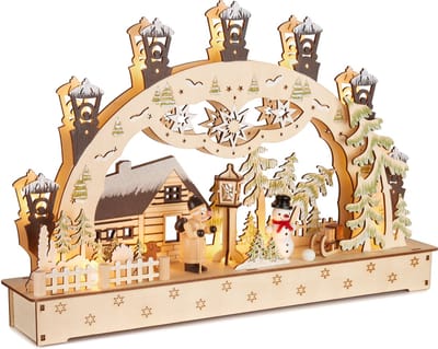 BRUBAKER 3D-lichtboog, led-lichtboog, kersthuis in het bos met lantaarns, kerstverlichting van natuurlijk hout, 27 x 40 x 7,5 cm, handbeschilderde figuren, kerstdecoratie voor tafel, raam