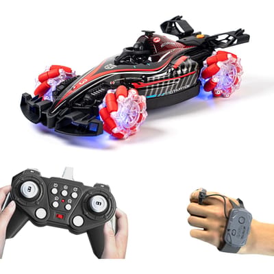 Voiture de cascade télécommandée, véhicule tout-terrain à 360 degrés de rotation avec lumières et son, 3 piles 1 Battery rouge