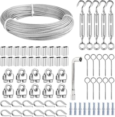 30M Φ3mm Draad Touw Set voor Tuin, Sterke Kabel voor Klimplanten, Inclusief RVS Spanner en Bevestigingsclips voor Tuinverlichting en Hekwerk