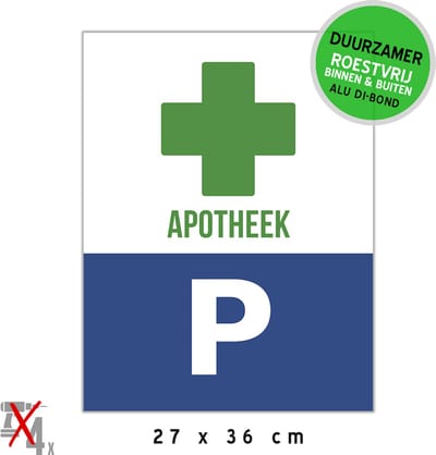 Pictogram/ bord Dibond | Parking apotheek | 27 x 36 cm | Klanten | Voorbehouden | Apotheker | Medicijn | Parkeerplaats | Sterk materiaal | Roestvrij | Duurzaam | 1 stuk
