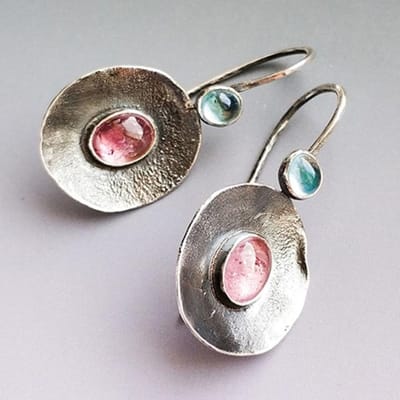 Vintage Ronde Roze Steen Oorbellen Etnische Sieraden Antiek Zilverkleurig Metaal Geometrisch Mozaïek Zeeblauw Zirkoon Hangende Oorbellen gray