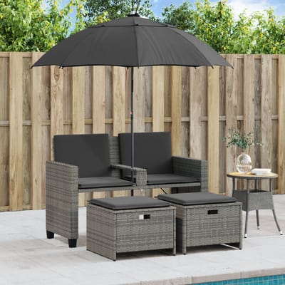 vidaXL - Tuinbank - 2-zits - met - parasol - en - voetenbanken - poly - rattan - grijs