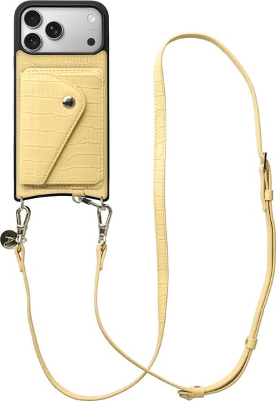 AVY Leren Hoesje geschikt voor Apple iPhone 17 Pro Max | Met Koord en Kaarthouder | Compatibel met MagSafe | Leather Case met Crossbody Koord & Wallet | Long Leather | Croco Geel