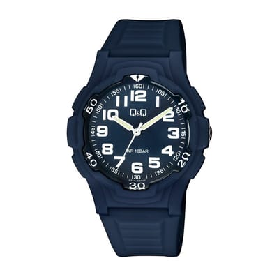 Q&Q V31A-001VY - Horloge - Analoog - Dames - Heren - Unisex - Siliconen band - Kunststof - Cijfers - Rond - Donkerblauw - 10ATM waterdicht