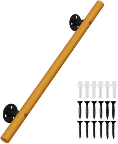 Houten trapleuning - Veiligheidsstang - Veilige trap - Massief hout staal - 300 kg draagkracht - Natuurlijk hout