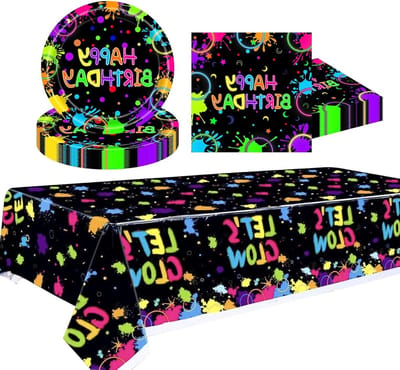 Neon Verjaardagsfeest Tafelset met 37 Stuks, Glanzende Decoraties voor Kinderen, Tafelkleed, Borden en Servetten voor 16 Gasten