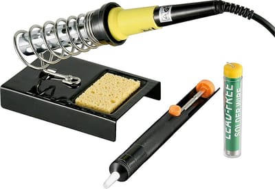 Elektrische soldeerset met soldeerbout, houder met spons, desoldeerpomp en tin - 30W