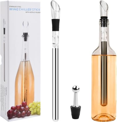Wijn Koelstaaf Set - 3-in-1 RVS Wijnkoeler en Schenkstuk - Snelkoelende Wijnaccessoires - Voor Wijnflessen en Decanteerders - Luxe Wijnaccessoire - Voor Wijnliefhebbers en Gastronomen - Wijnkoeler - RVS - 2delig