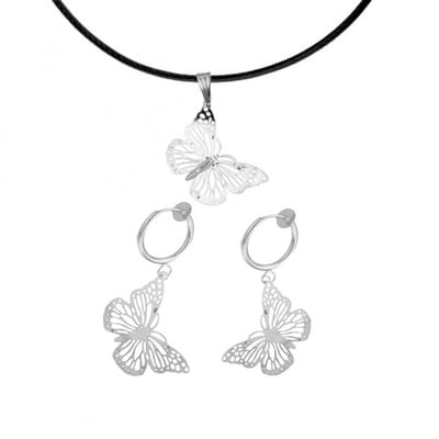 2-Delige set -filigraan -vlinder- ketting met klem oorbellen - ZilverkleurCharme Bijoux