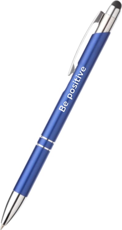 Akyol - be positive pen - blauw - gegraveerd - Motivatie pennen - collega - pen met tekst - leuke pennen - grappige pennen - werkpennen - stagiaire cadeau - cadeau - bedankje - afscheidscadeau collega - welkomst cadeau - met soft touch