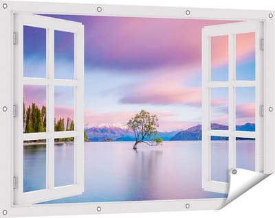 Gards Tuinposter Doorkijk Wanaka Boom in het Water bij Zonsopgang - 120x80 cm - Tuindoek - Tuindecoratie - Wanddecoratie buiten - Tuinschilderij