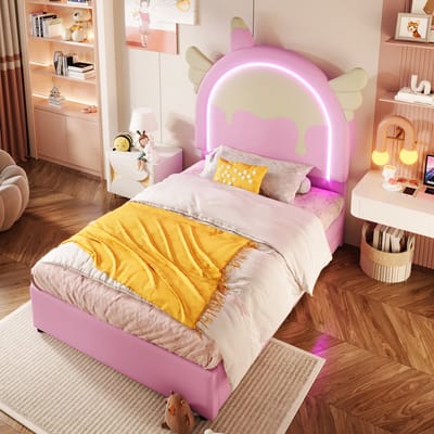 STILVORA Peuterbed 90x200 - Eenpersoons Kinderbed met 2 Lades en Verlichte Bies, Funky Prinsessen Hoofdsteun - PU - Roze