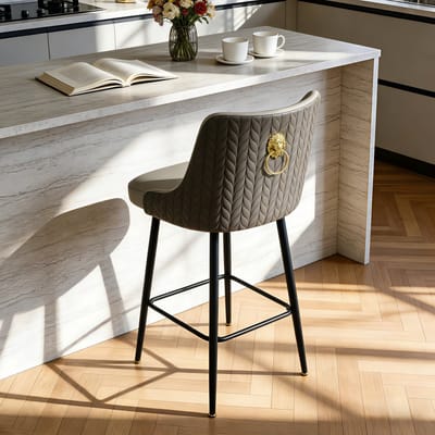 FATIVO Barstoelen - Barkruk - 360° Draaibaar - Luxe Microleder met Leeuwenkop - Krasbestendig - Hoge Rug - Met Voetensteun - Grijs & donkergrijs