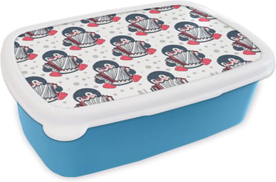 Broodtrommel Blauw - Lunchbox - Brooddoos - Accordeon - Pinguïn - Patronen - 18x12x6 cm - Kinderen - Jongen