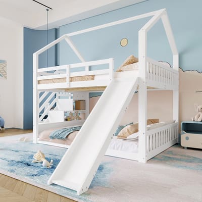 Wishdor Stapelbed 140x200 cm - Huisbed met Glijbaan & Opbergtrap - Speels & Compleet - Grenen & MDF - Wit