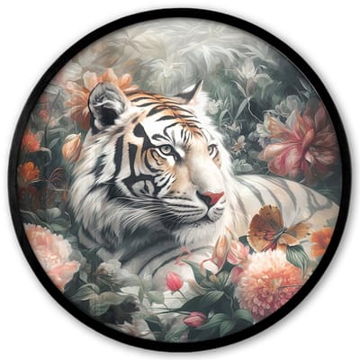 Poster in lijst Rond - Fotolijst 40x40 cm - Posters - Tijger - Wilde dieren - Bloemen - Jungle - Ronde posterlijst zwart - Decoratie - Wanddecoratie woonkamer - Muurdecoratie slaapkamer