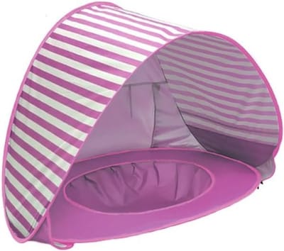 Pop-up strandtent voor baby's met mini-zwembad en UV-bescherming, ideaal voor strand, tuin en reizen, draagbare zonwering voor kinderen (roze strepen)