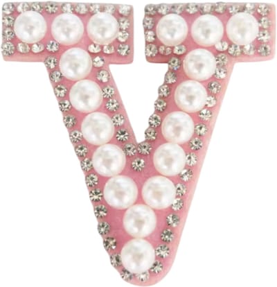 Strass Applicatie Alfabet Letter - 4,5 CM hoog - A t/m Z - Letter V - Roze met witte parels en stenen - Niet strijkbaar