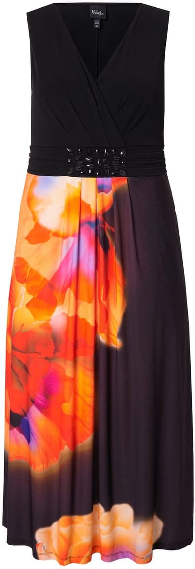 Ulla Popken - Dames - Maxi-jurk XL-bloemen A-lijn V-hals mouwloos - Zwart - Maat 46+