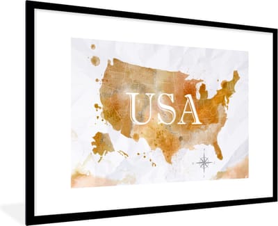Poster in lijst - Fotolijst 90x60 cm - Posters - Verenigde Staten - Wereldkaart - Olieverf - Posterlijst zwart - Decoratie - Wanddecoratie woonkamer - Muurdecoratie slaapkamer