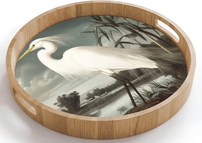 Dienblad rond 40x40 cm - Schootdienblad hout - Reiger - Planten - Wolken - Wit - Borrelplank rechthoek - Plateau houten dienbladen