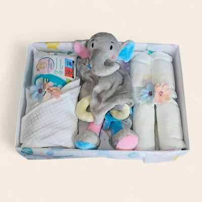 Kraamcadeau - gender reveal cadeau - kraampakket met luiers, billendoekjes en knuffel