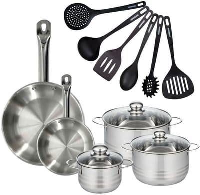 Set 2 pannen 20 28 cm roestvrij staal, 3 roestvrijstalen kookpotten 16, 20 en 24 cm en 6 RPET keukengerei Fackelmann Eterna