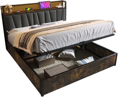 Wishdor Gestoffeerd Tweepersoonsbed 180 x 200 cm – RGBW LED met Muziekmodus – 2 Stopcontacten en 2 USB – Hydraulische Opbergruimte – Verende Houten Latten – Geschikt voor Moderne Slaapkamer – Linnen, Hout en Metaal – Grijs
