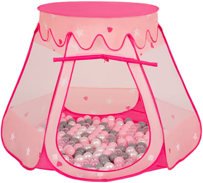 Selonis Pop Up Kasteeltent Pink Voor Kinderen - 600 Ballen Speeltent - Binnen En Buiten Speelhuisje - 105x90 cm - Parel Grijs Transparant Poederroze