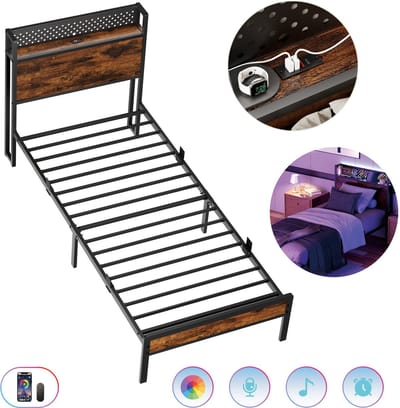 KUTAS Metalen Bed 90x200 cm - Minimalistisch Bedframe - Met Met LED Verlichting en USB Poorten - Stevig - Stil - Anti Slip - Grote Opbergruimte - Schroefloze Montage - IJzeren Bed - Duurzaam - Roestvrij