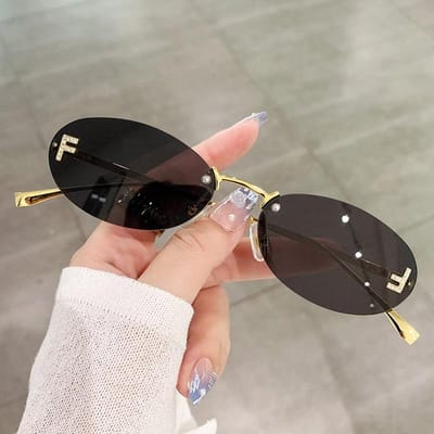 Mode Randloze Zonnebril Dames Uv400 Ovaal Elegant Diamant F Zonnebril Retro Brillen