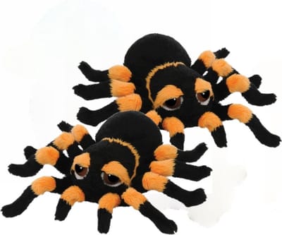 Suki gifts spinnen knuffel - 2x stuks - zwart/oranje - 13 cm - dieren knuffels - Speelgoed voor kinderen